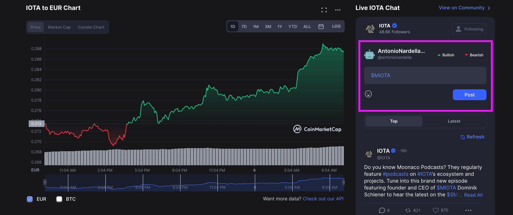 Interact in the IOTA chat on Coinmarketcap